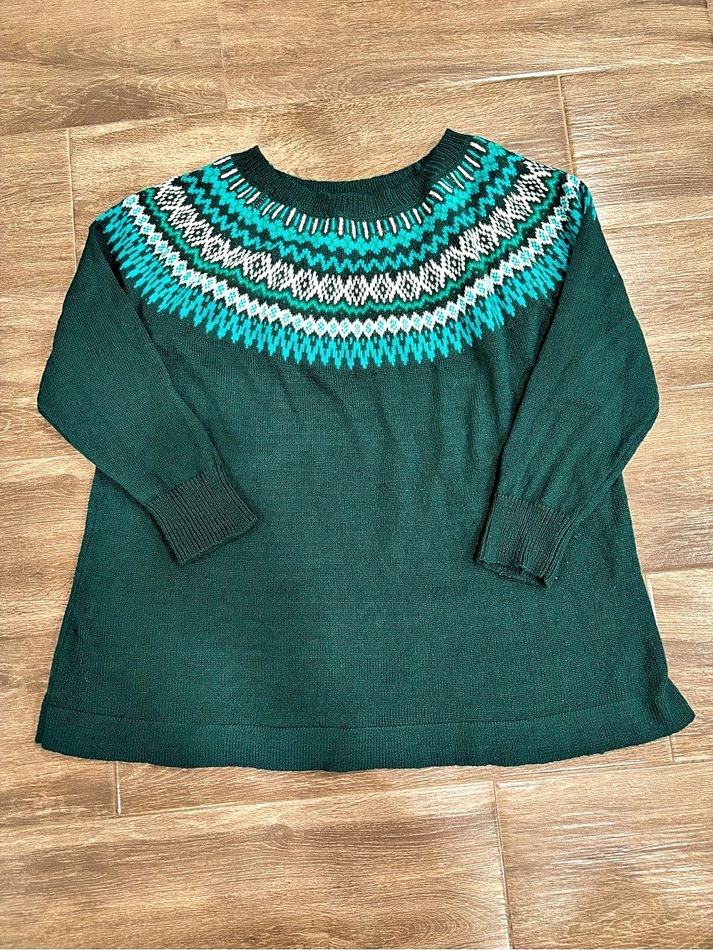 Roaman's Fair Isle Pullover Sweater Green & Turquoise 18/20